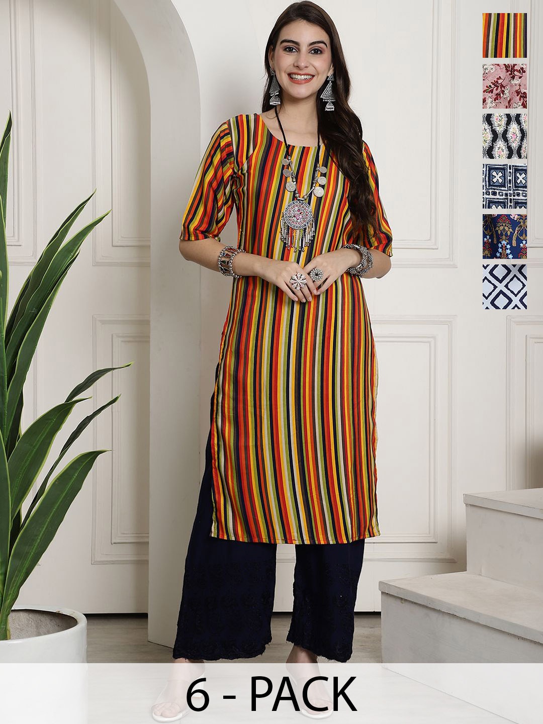 

7Threads Selection of 6 Floral & Geometric Printed Round Neck Straight Kurtas, Pink