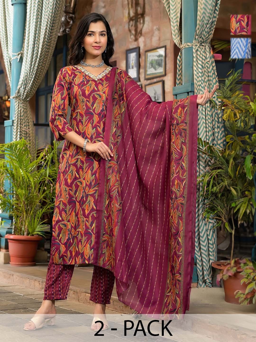 KALINI Selection of 2 Ethnic Motifs Printed Embroidered Kurta With Trousers And Dupatta, Maroon