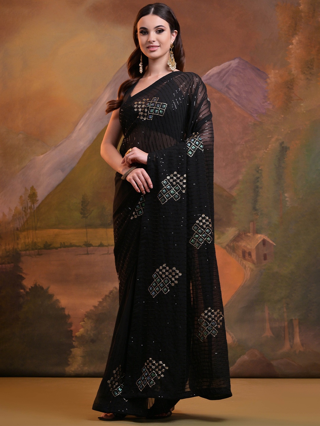 

KSM PRINTS Embellished Sequinned Saree, Black