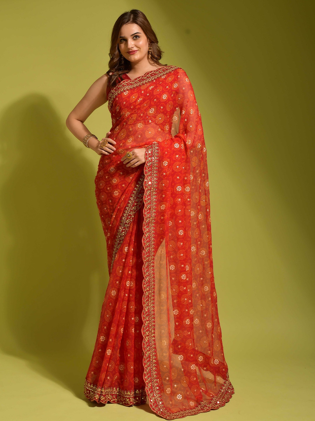 

KSM PRINTS Bandhani Printed Embroidered Saree, Red