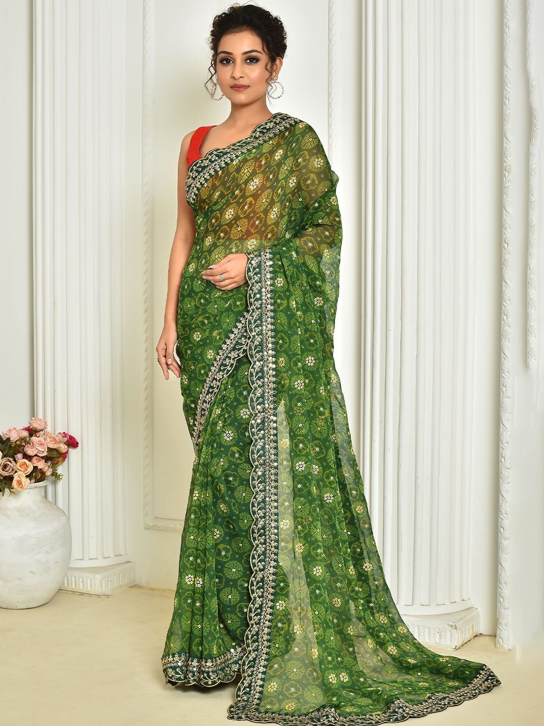 

KSM PRINTS Bandhani Printed Embroidered Saree, Green