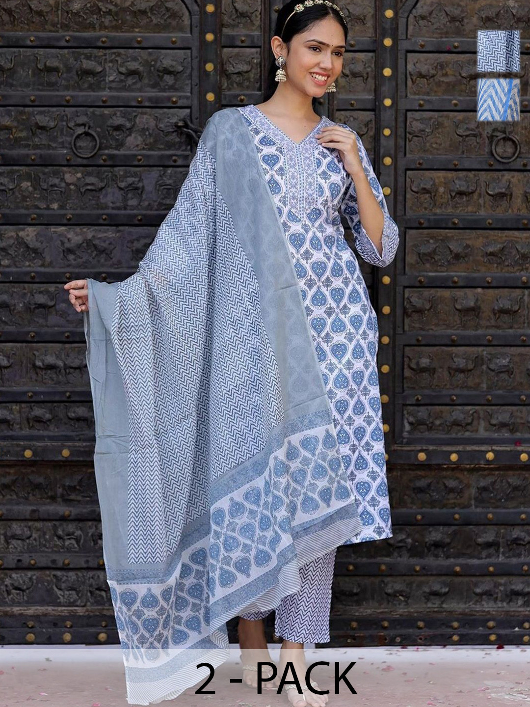

KALINI Selection Of 2 Ethnic Motif V-Neck Straight Kurtas With Trousers And Dupattas, Blue