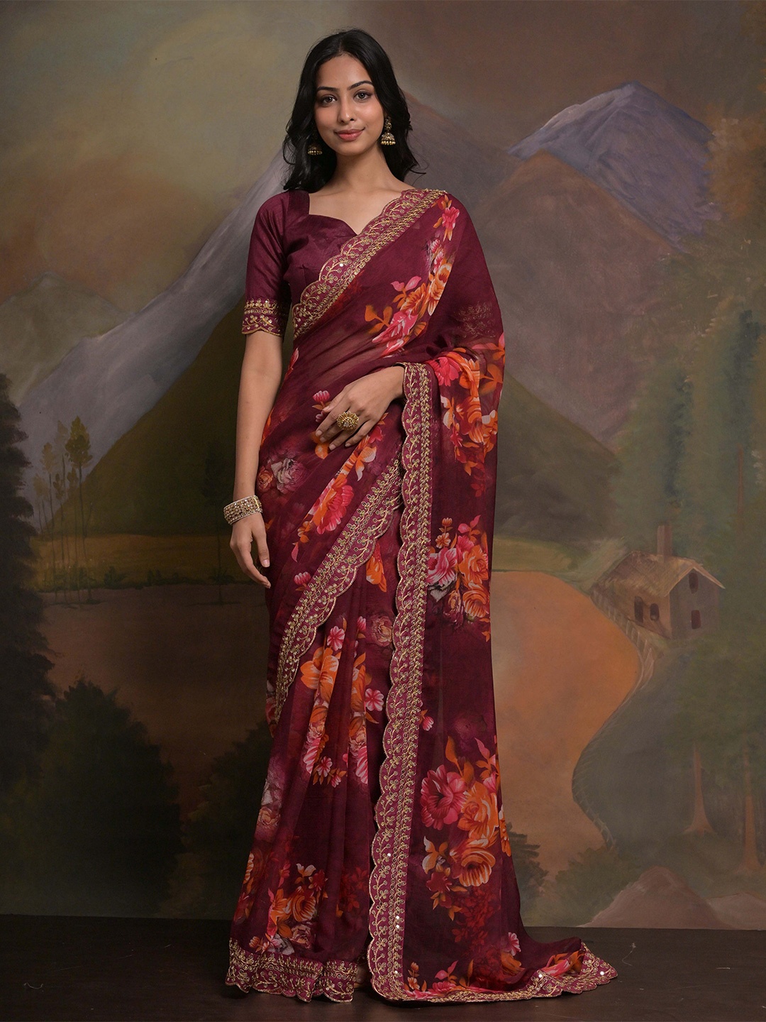 

KSM PRINTS Floral Printed Embroidered Saree, Maroon