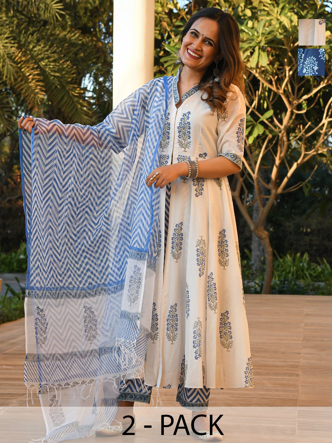 

KALINI Selection Of 2 Ethnic Motifs Printed V-Neck Kurta With Trousers & Dupatta, White