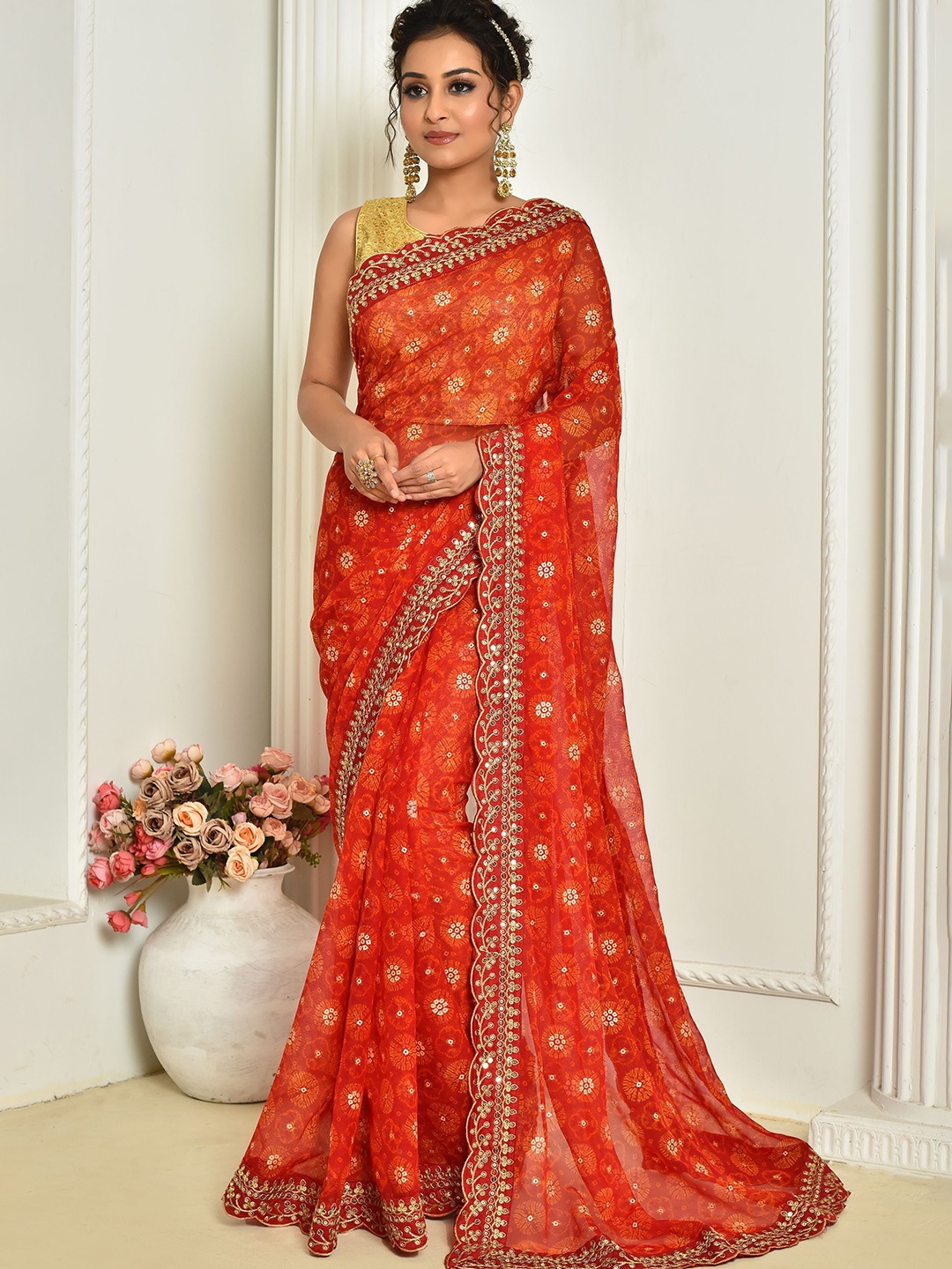 

KSM PRINTS Bandhani Printed Embroidered Saree, Red