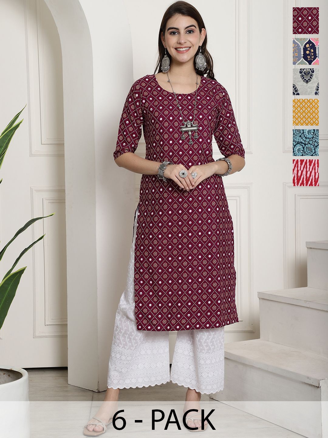 

7Threads Selections of 6 Floral Printed Round Neck Straight Kurtas, Maroon