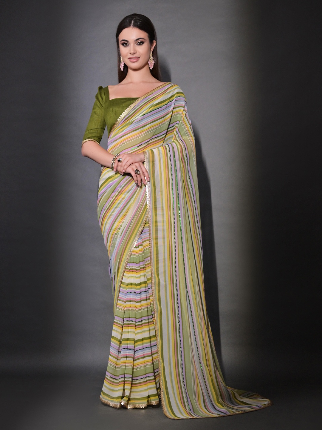 

KSM PRINTS Striped Sequinned Saree, Green