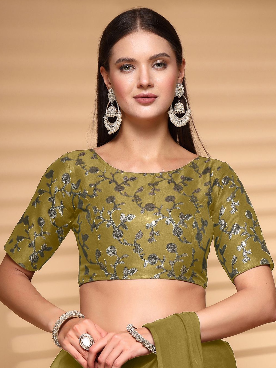 

Oomph! Embellished Non Padded Boat Neck Saree Blouse, Green