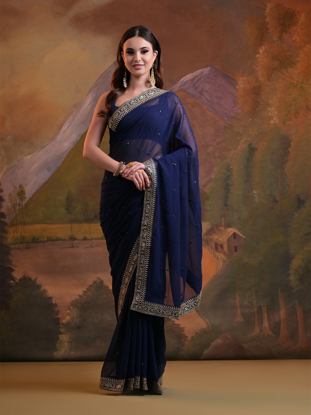 

KSM PRINTS Women Embroidered Saree With Blouse Piece, Blue