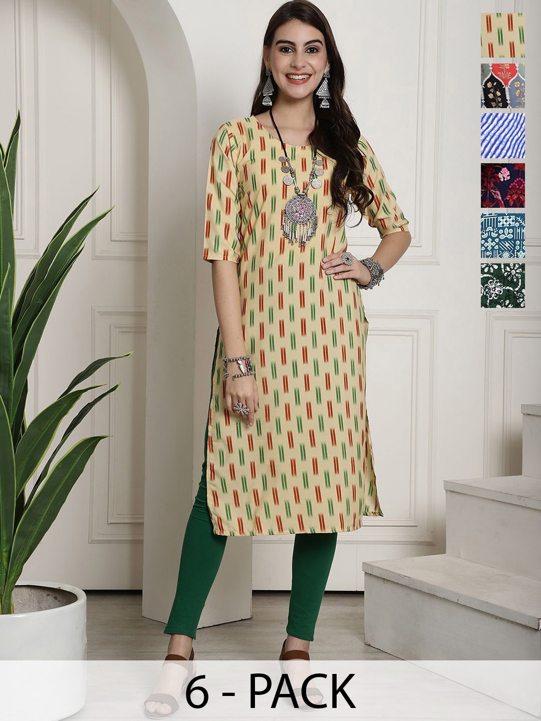 

7Threads Selections of 6 Floral Printed Round Neck Straight Kurtas, Yellow