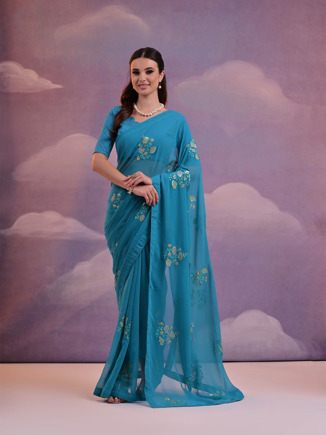 

KSM PRINTS Women Embellished Sequinned Saree, Blue