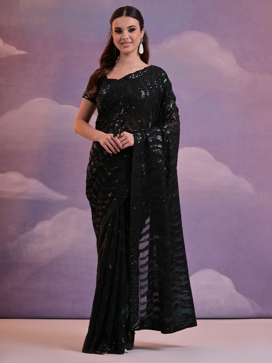 

KSM PRINTS Embellished Sequinned Saree, Black