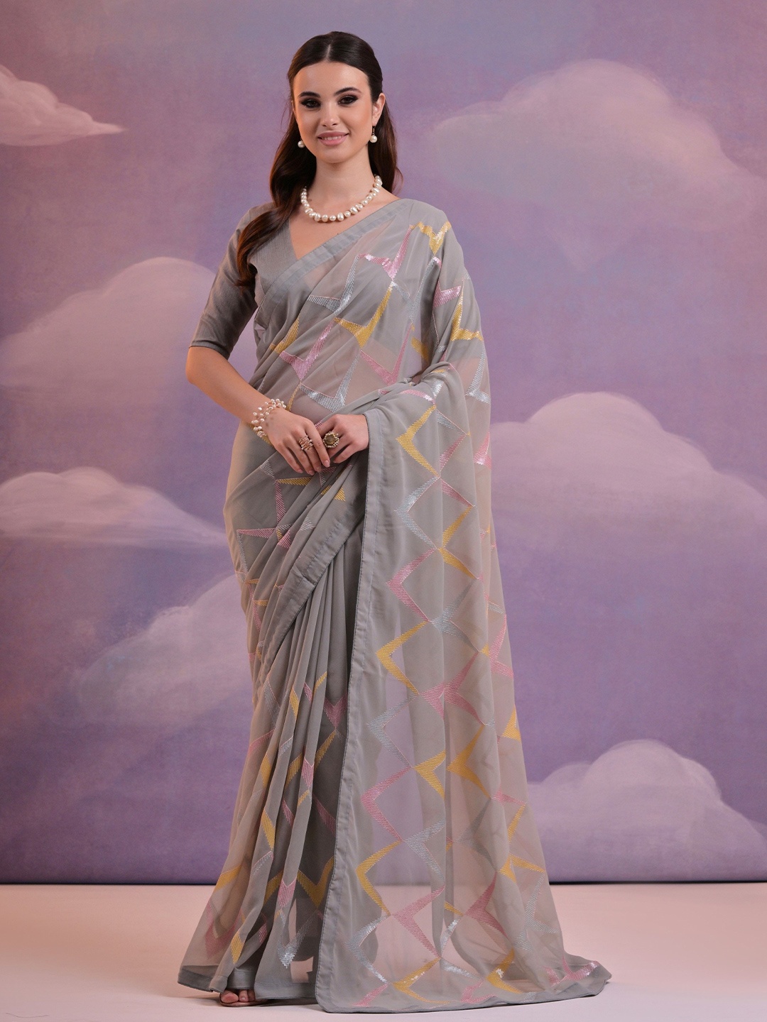 

KSM PRINTS Embellished Sequinned Saree, Grey