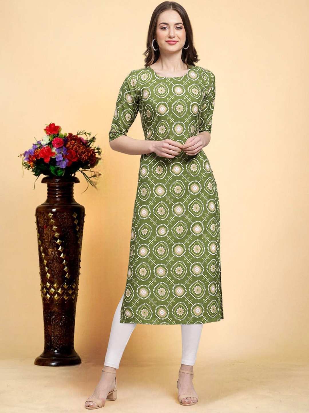 

7Threads Geometric Printed Round Neck Straight Kurta, Olive