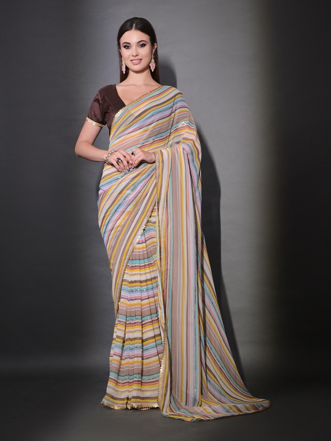 

KSM PRINTS Women Striped Sequinned Saree, White