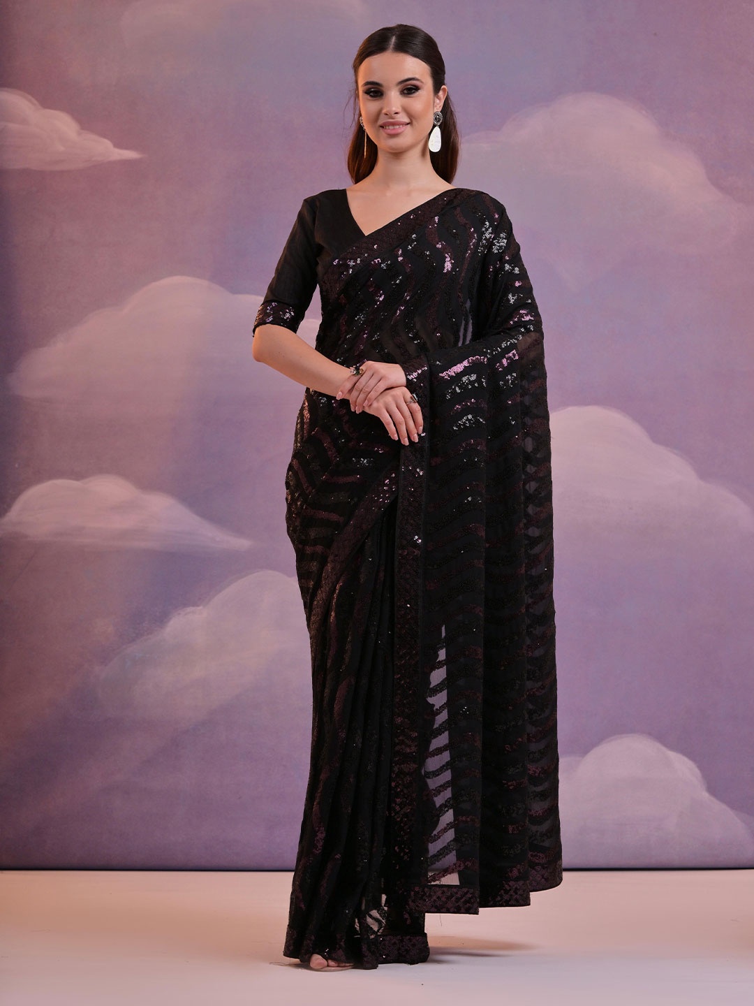 

KSM PRINTS Women Embellished Sequinned Saree, Black