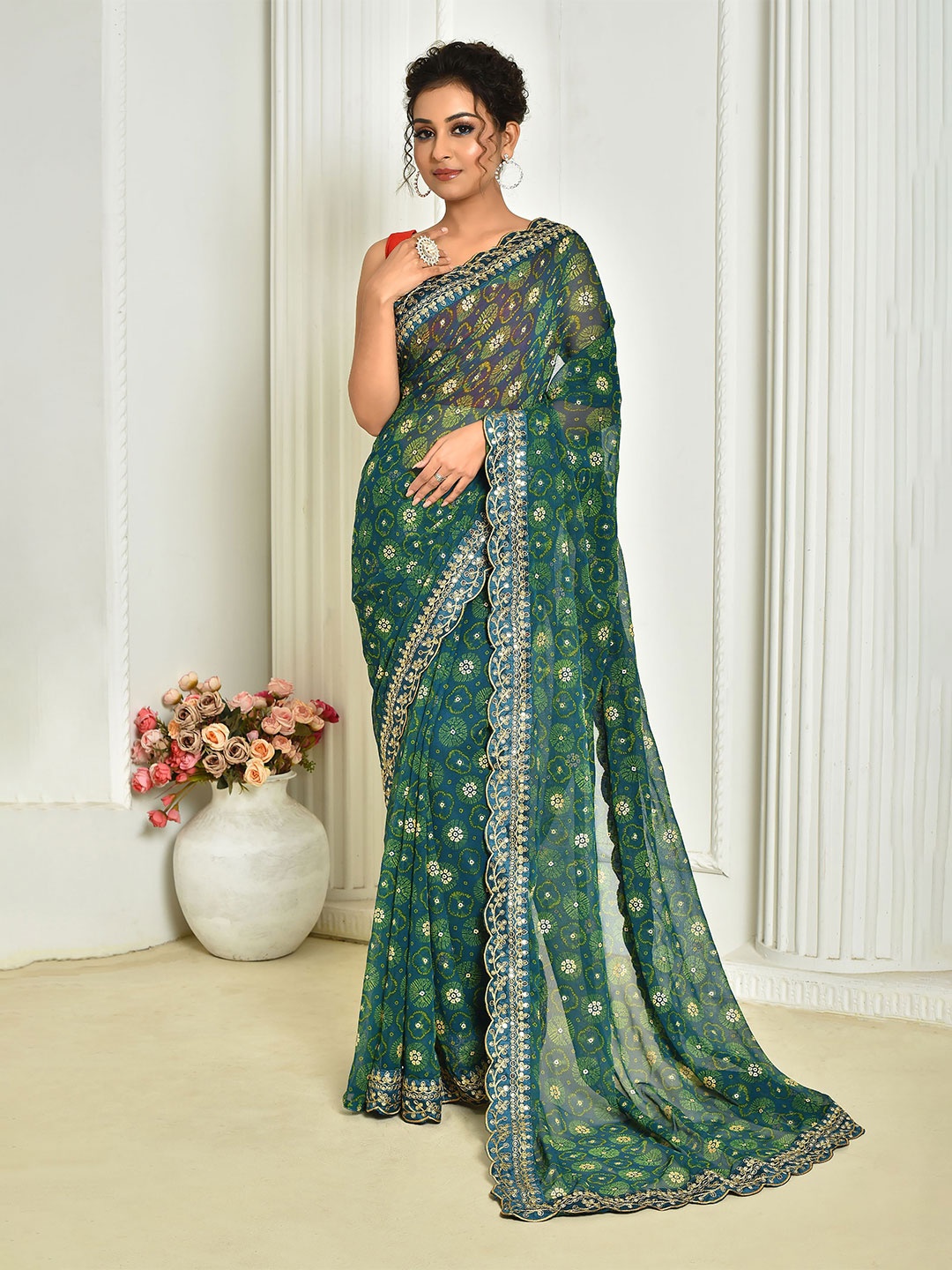 

KSM PRINTS Women Bandhani Embroidered Saree, Green