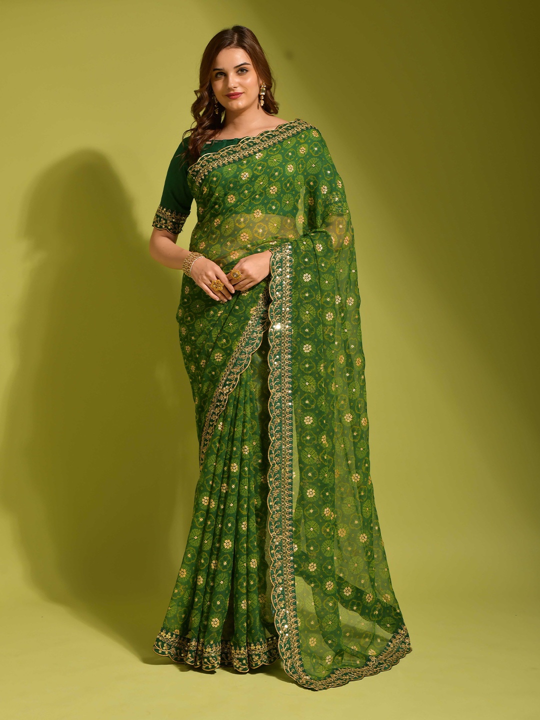 

KSM PRINTS Women Bandhani Embroidered Saree, Green