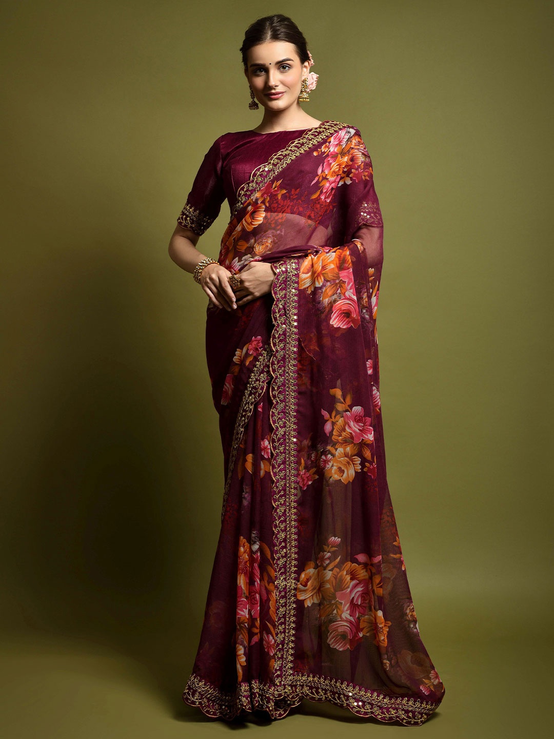 

KSM PRINTS Women Floral Printed Embroidered Saree, Maroon
