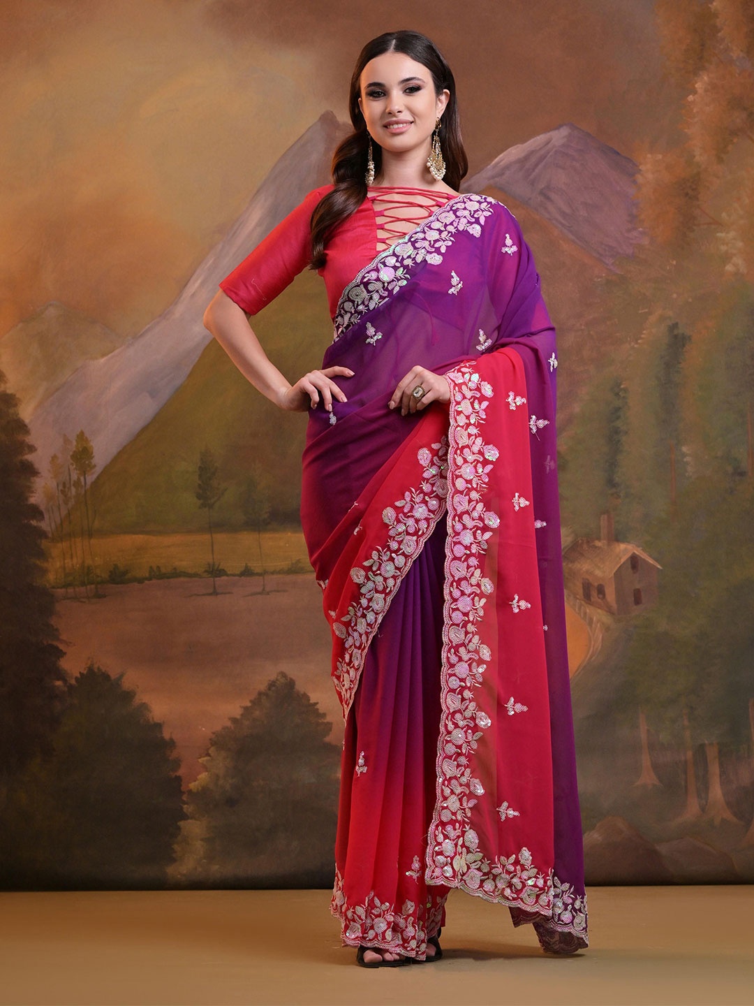 

KSM PRINTS Women Embellished Sequinned Saree, Pink