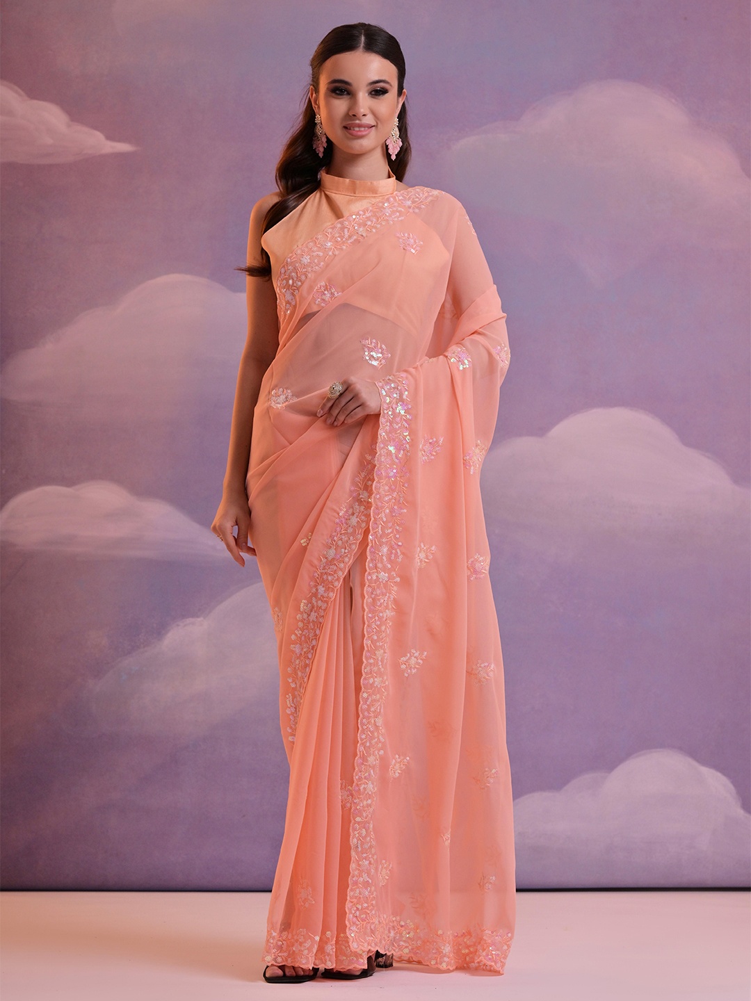 

KSM PRINTS Women Embellished Sequinned Saree, Peach