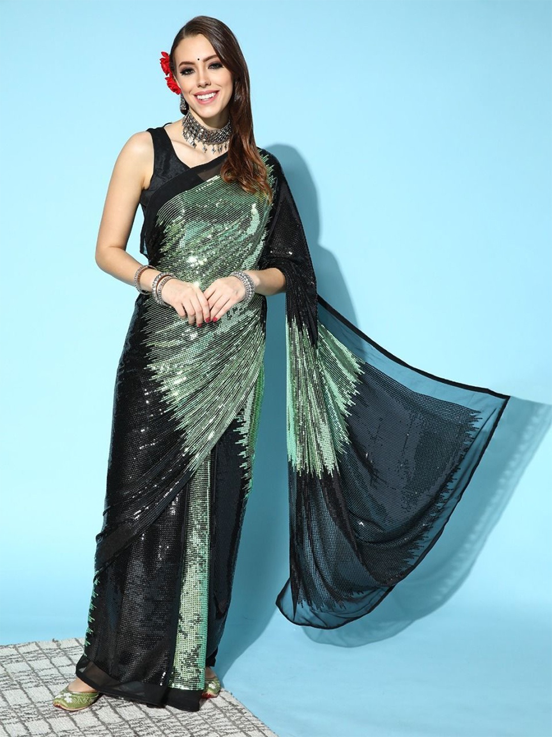 

KSM PRINTS Embellished Sequinned Saree, Green