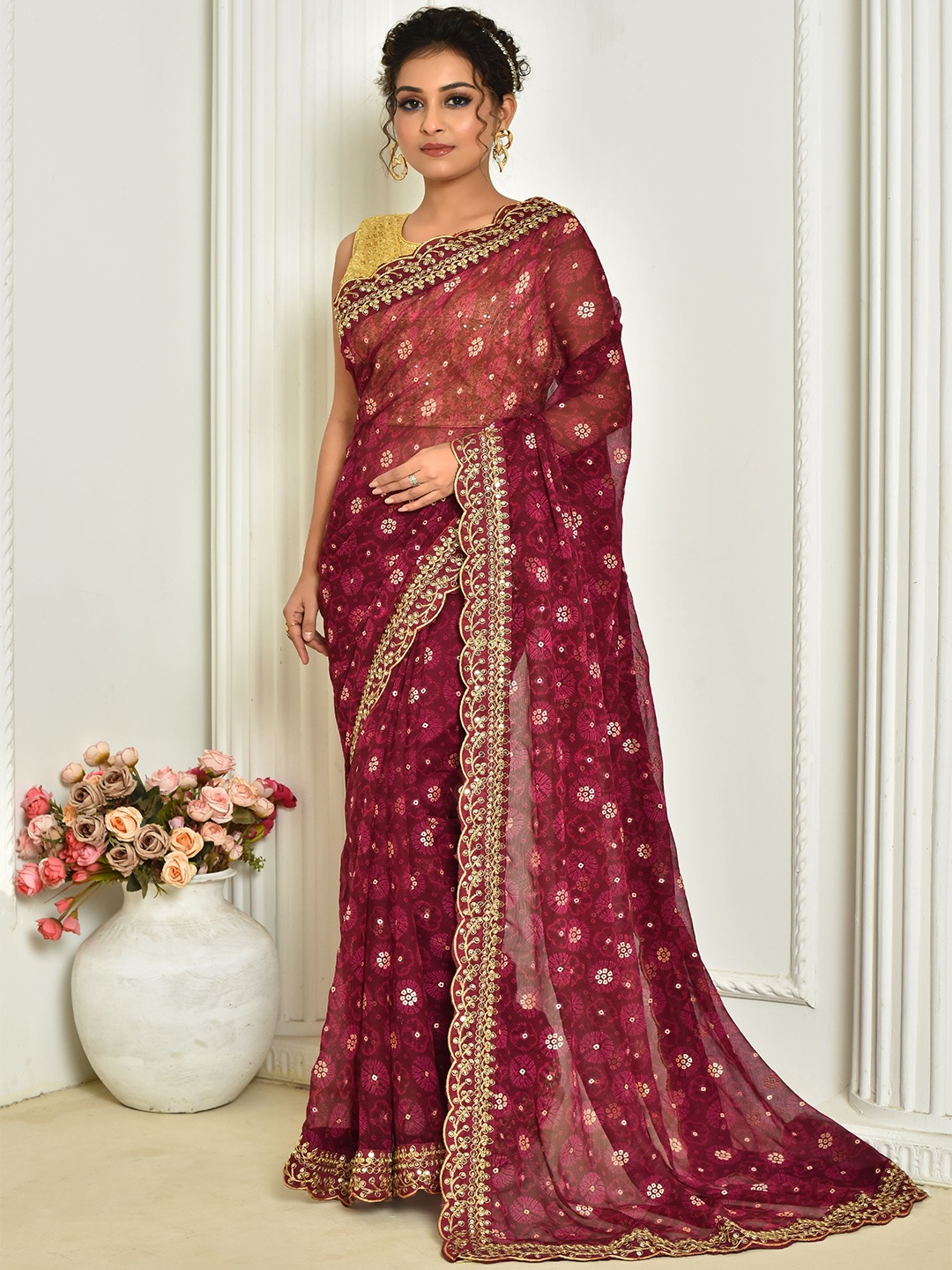 

KSM PRINTS Ethnic Motifs Embroidered Saree, Maroon