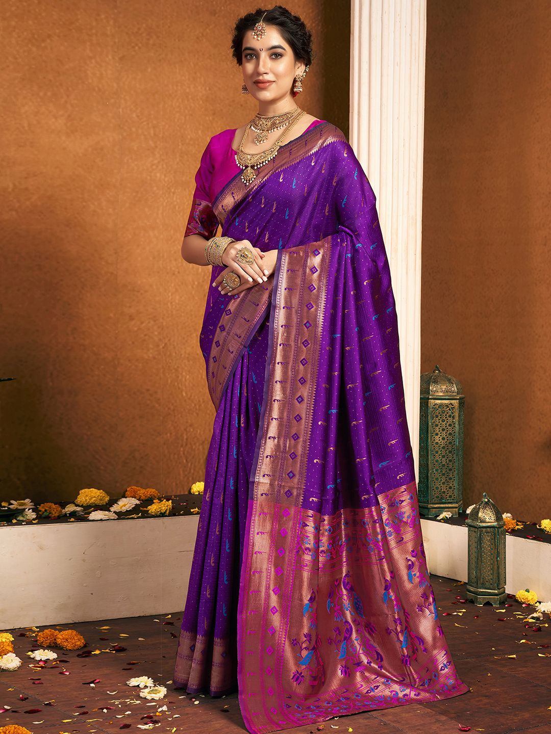 

KALINI Women Woven Design Zari Paithani Saree, Purple