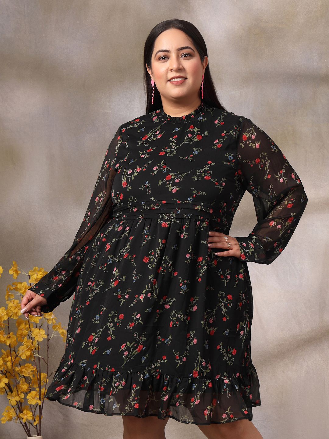 

CURVE BY KASSUALLY Women Plus Size Floral Printed Fit & Flare Midi Dress, Black