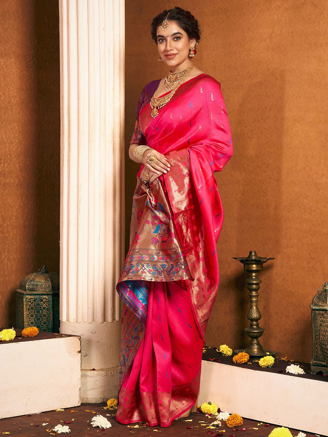 

KALINI Women Woven Design Zari Paithani Saree, Pink