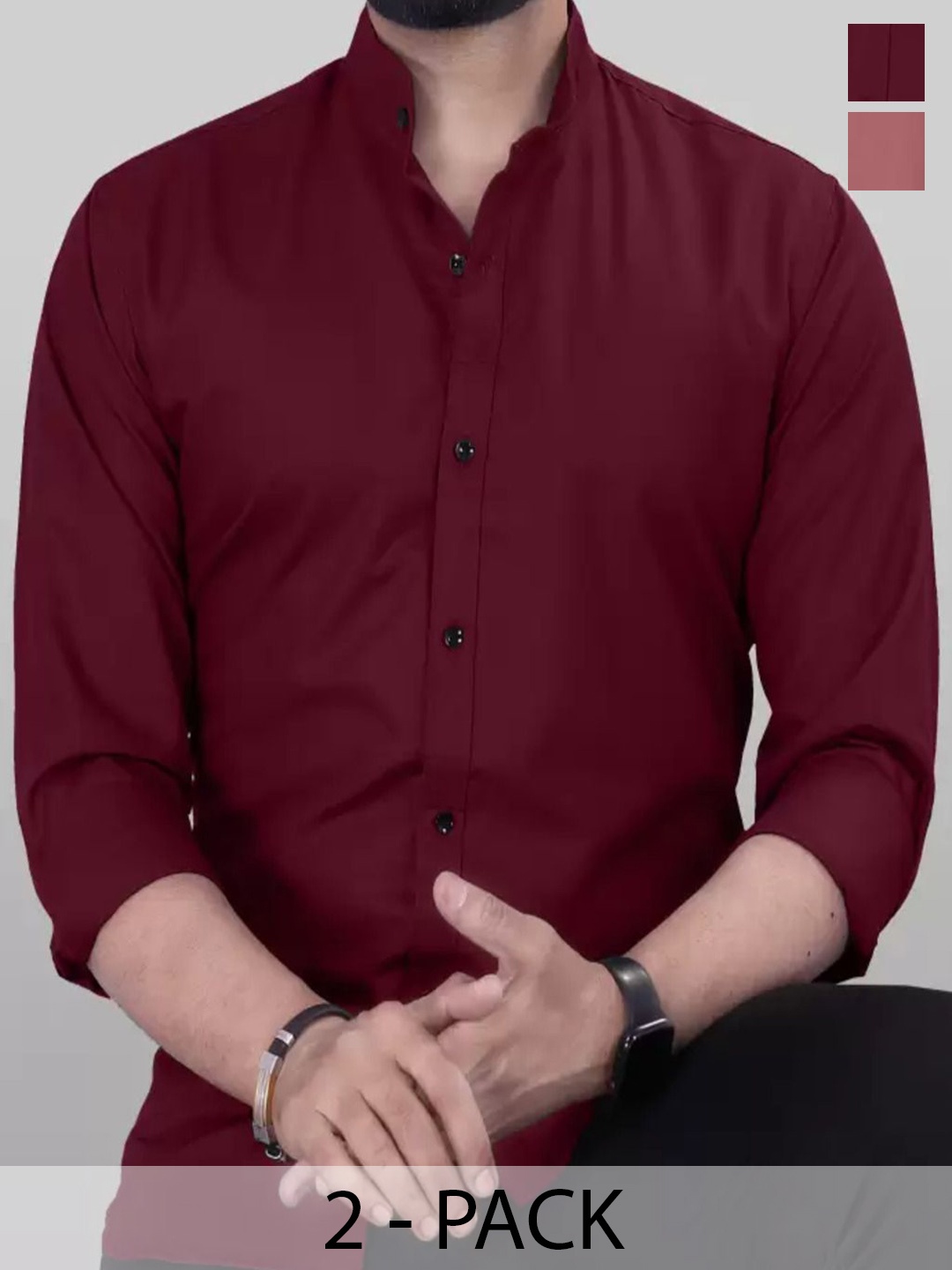 

Tanip Men Pack Of 2 Band Collar Solid Cotton Casual Shirts, Maroon