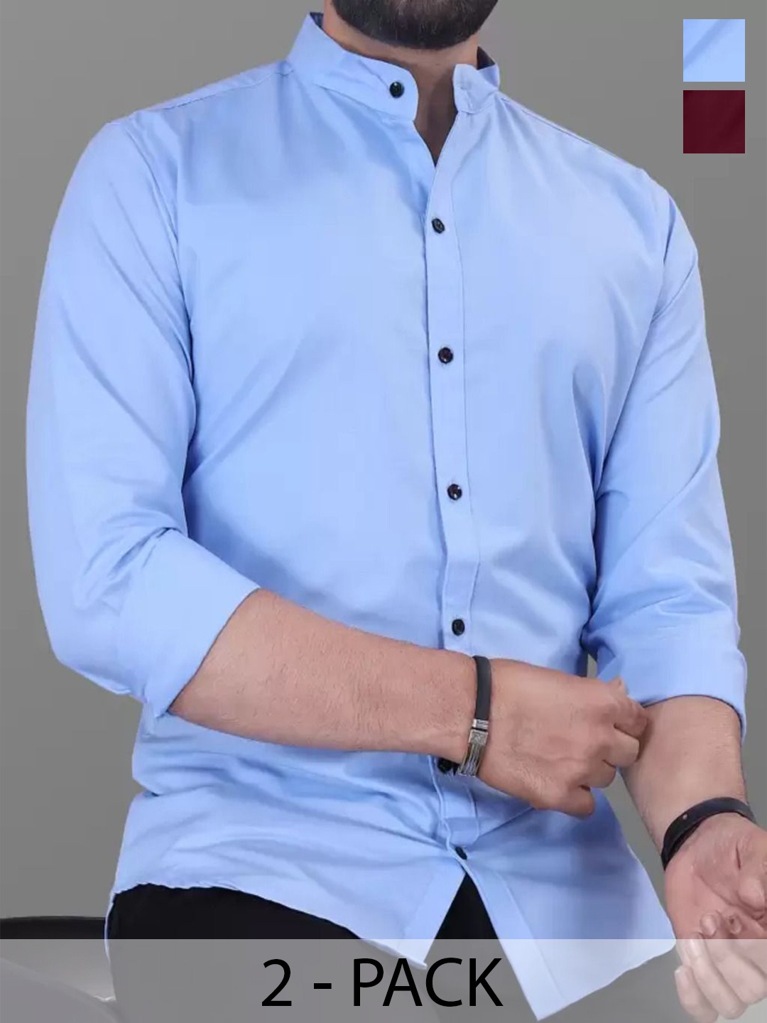 

Tanip Men Pack Of 2 Band Collar Solid Cotton Casual Shirts, Maroon