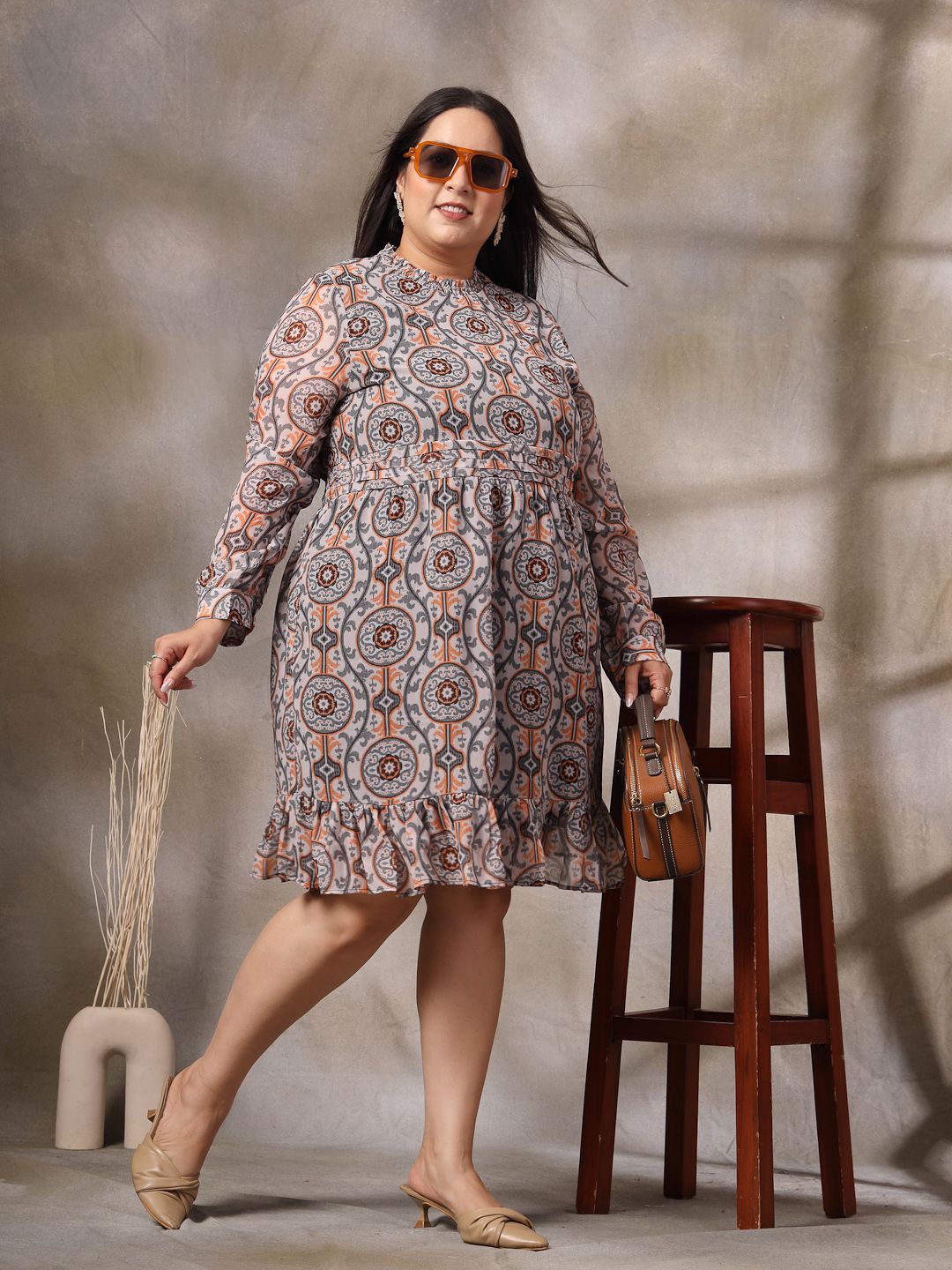

CURVE BY KASSUALLY Women Plus Size Ethnic Motifs Printed Fit & Flare Dress, Beige