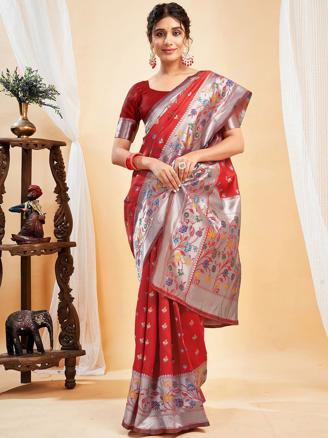 

KALINI Woven Design Zari Silk Blend Paithani Saree, Red