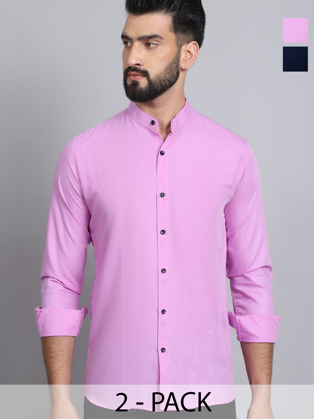 

Tanip Men Pack Of 2 Band Collar Solid Cotton Casual Shirts, Pink