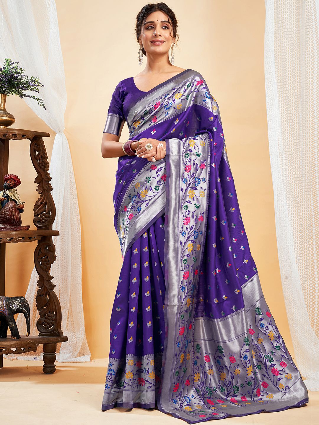 

KALINI Ethnic Motifs Woven Design Zari Paithani Saree, Purple
