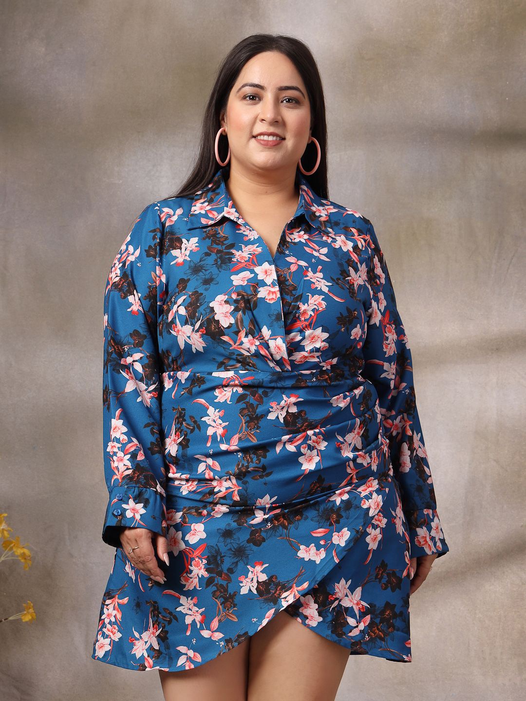 

CURVE BY KASSUALLY Women Plus Size Floral Printed Wrap Mini Dress, Blue