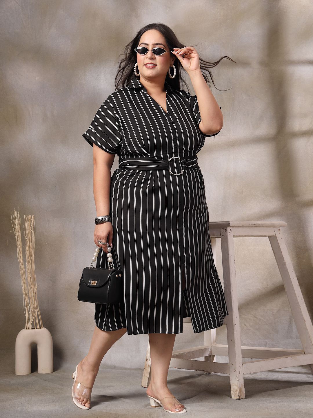 

CURVE BY KASSUALLY Women Plus Size Striped Shirt Midi Dress, Black