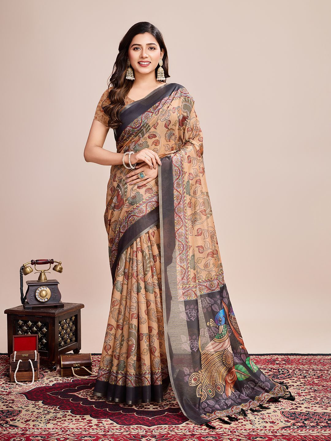 

KSM PRINTS Kalamkari Printed Saree, Beige