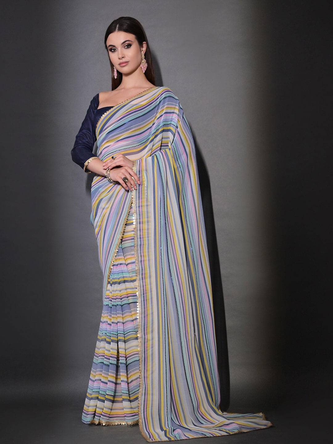 

KSM PRINTS Striped Sequinned Saree, Blue