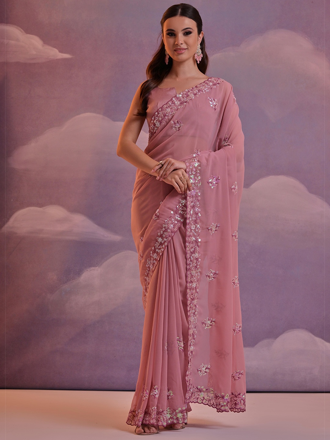 

KSM PRINTS Embellished Sequinned Saree, Pink