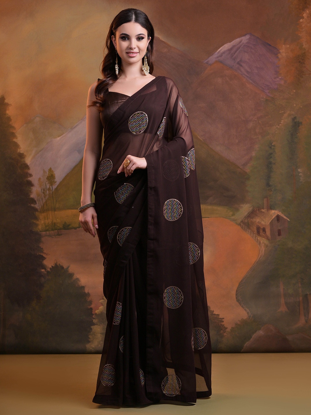 

KSM PRINTS Embellished Sequinned Saree, Brown