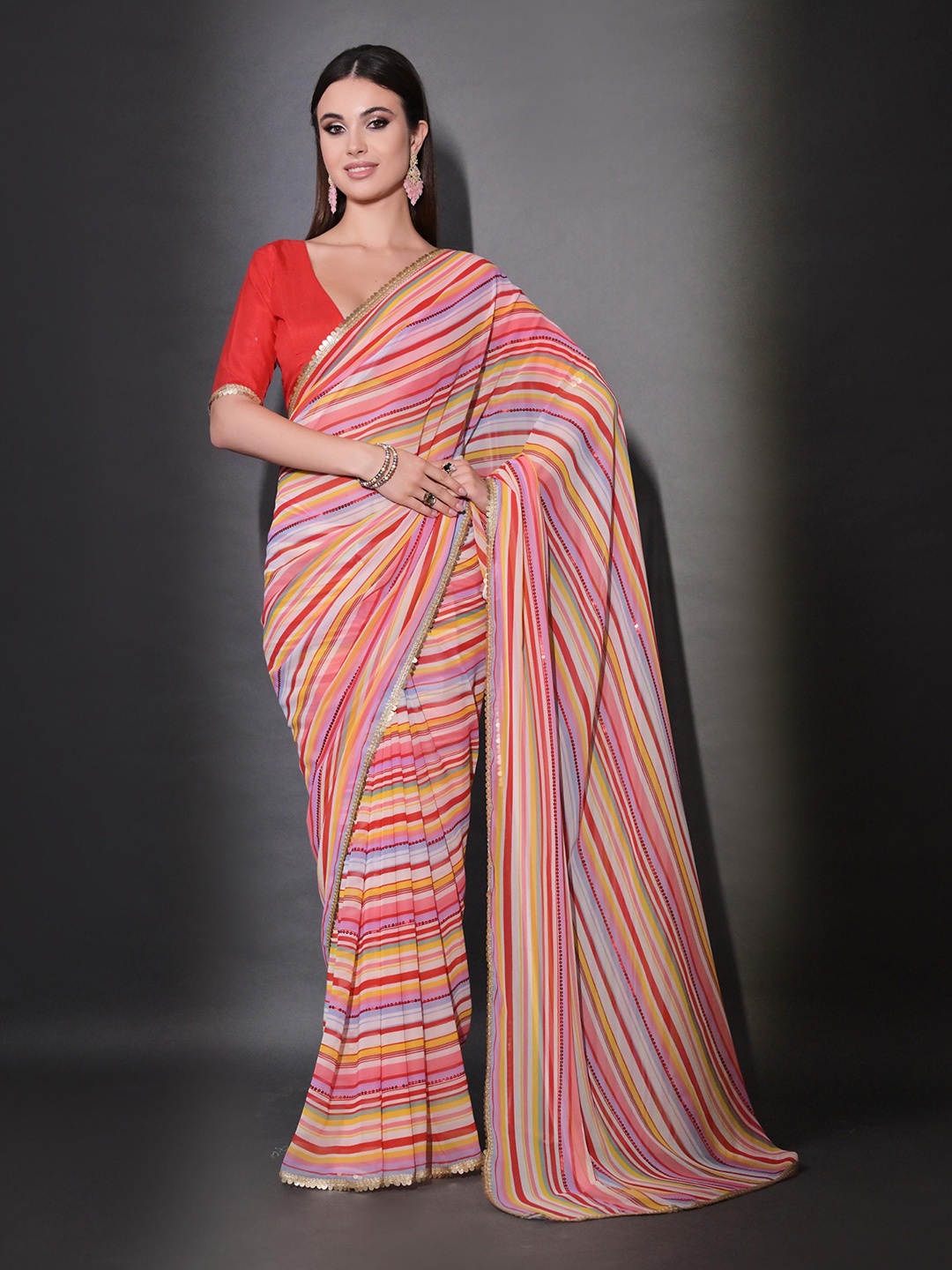 

KSM PRINTS Striped Sequinned Saree, Red