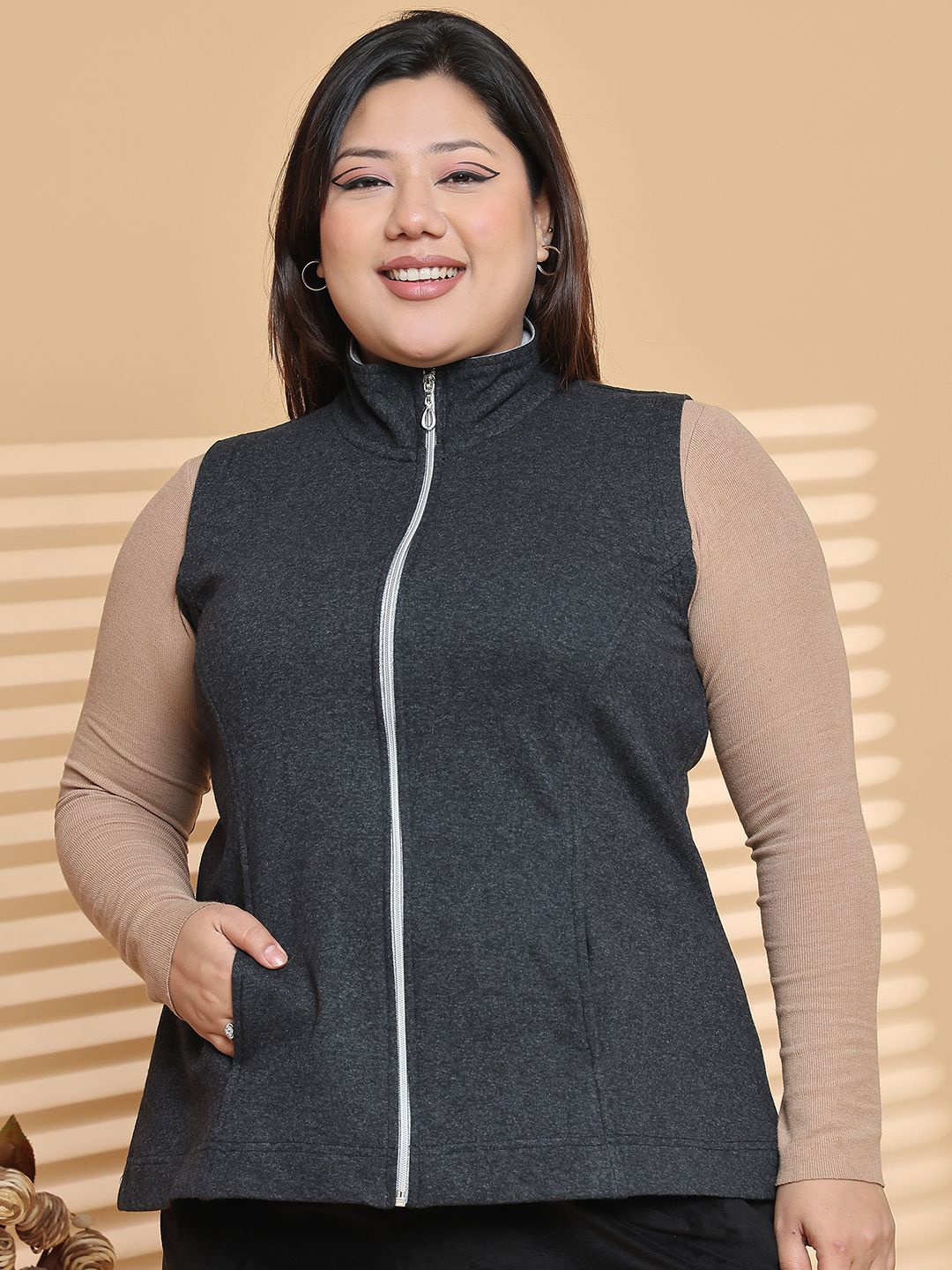 

theRebelinme Women Mock Collar Solid Fleece Casual Bomber Jacket, Charcoal