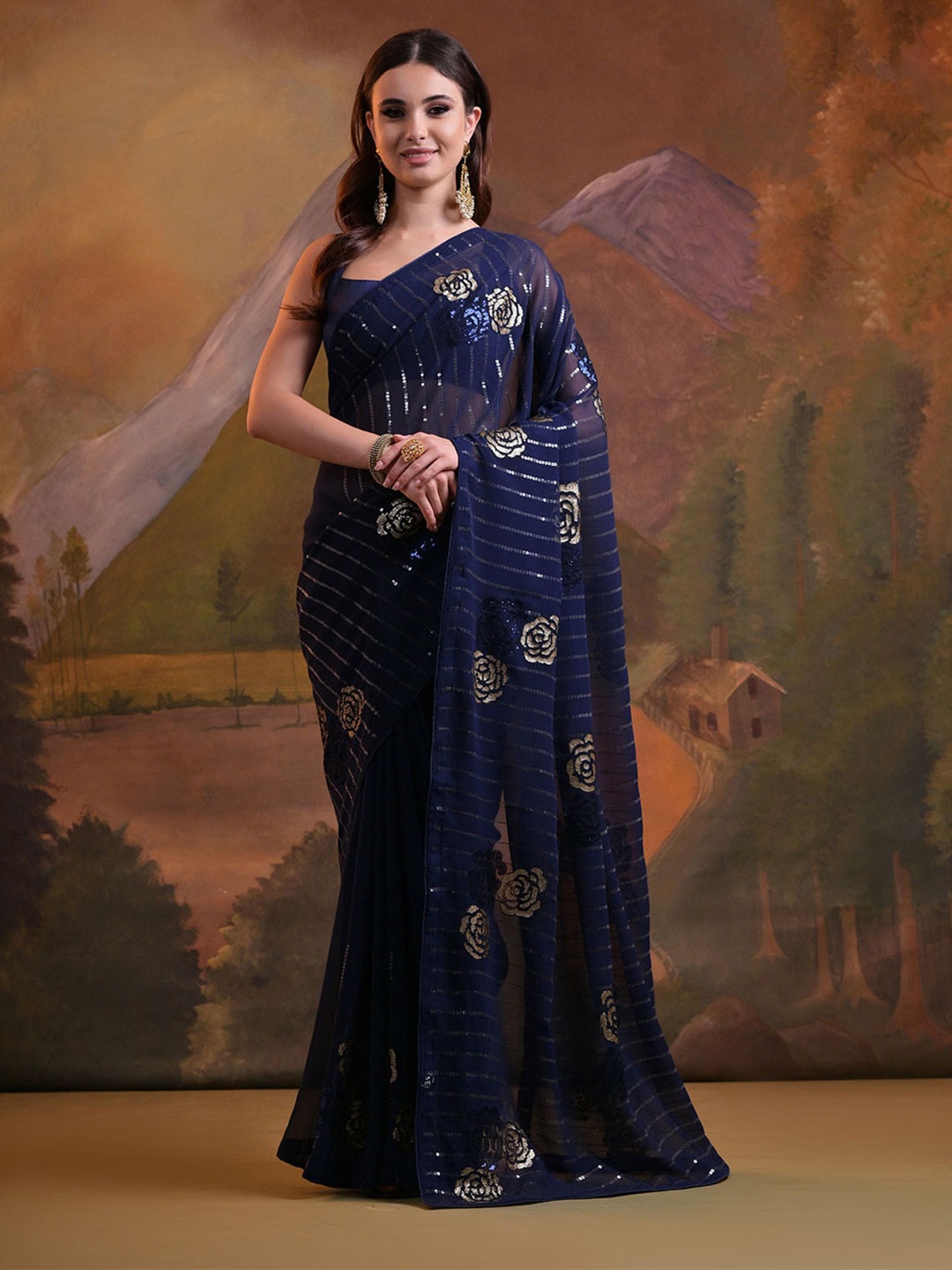 

KSM PRINTS Embellished Sequinned Saree, Blue