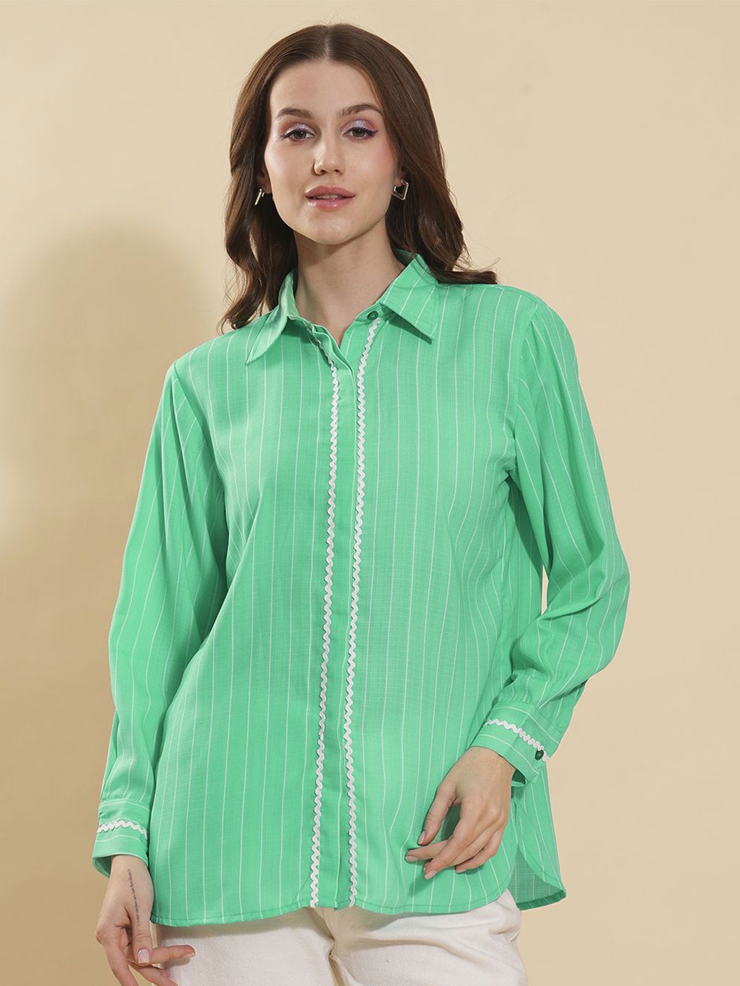 

DressBerry Women Oversized Fit Spread Collar Vertical Striped Cotton Casual Shirt, Sea green