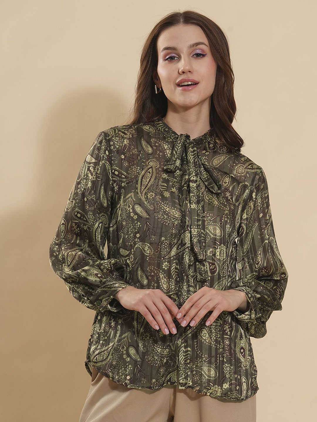 

DressBerry Women Floral Printed Collarless Casual Shirt, Olive