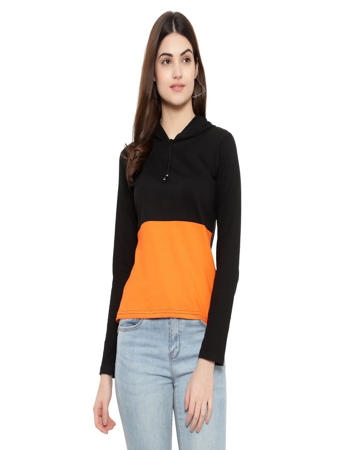 

DEEPMAYRA COLLECTION Women Colourblocked Hooded Cotton T-shirt, Black