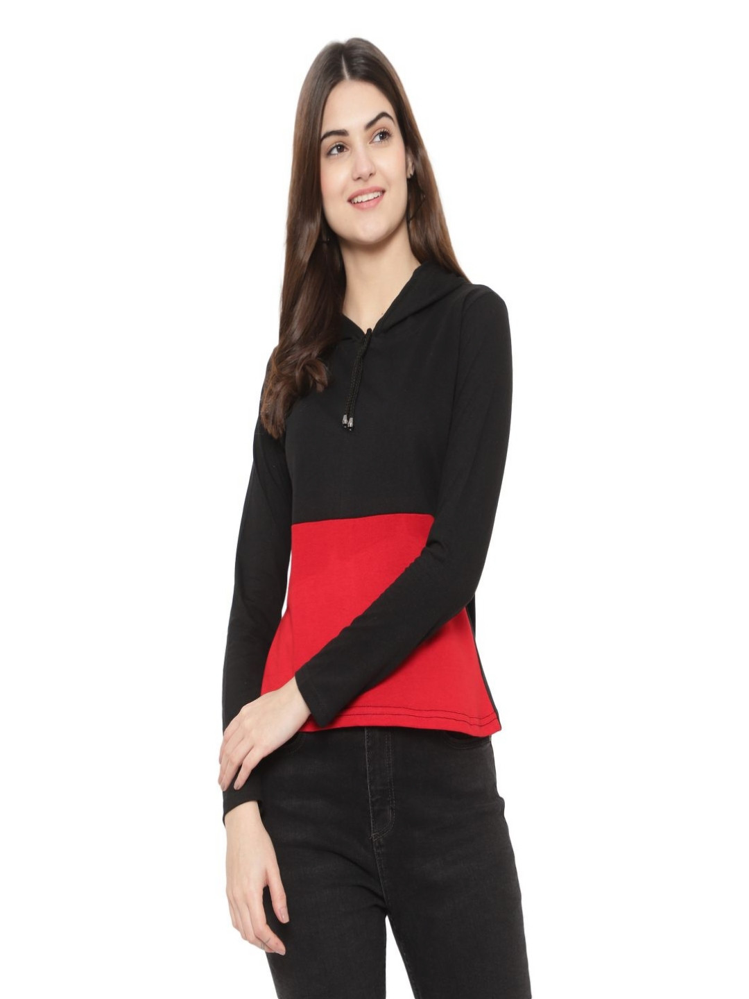 

DEEPMAYRA COLLECTION Women Colourblocked Hooded Cotton T-shirt, Black