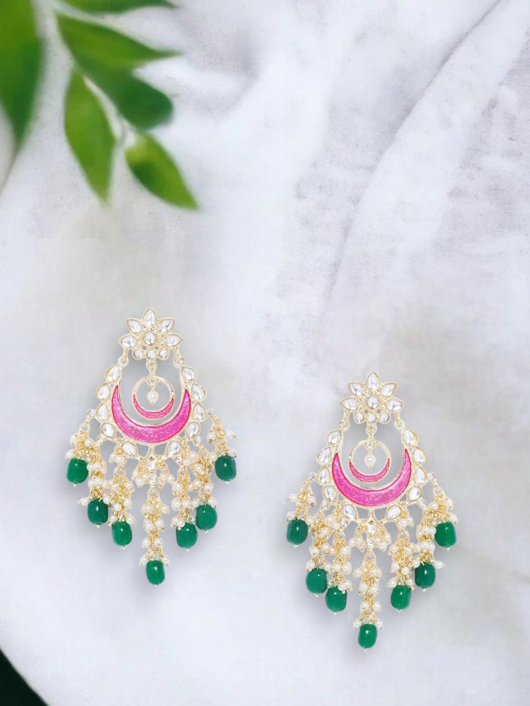 

Anouk Pink And Green Gold Plated Kundan Studded Chandbalis